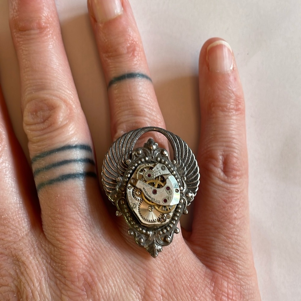 Unique steampunk watch gears and wings adjustable ring